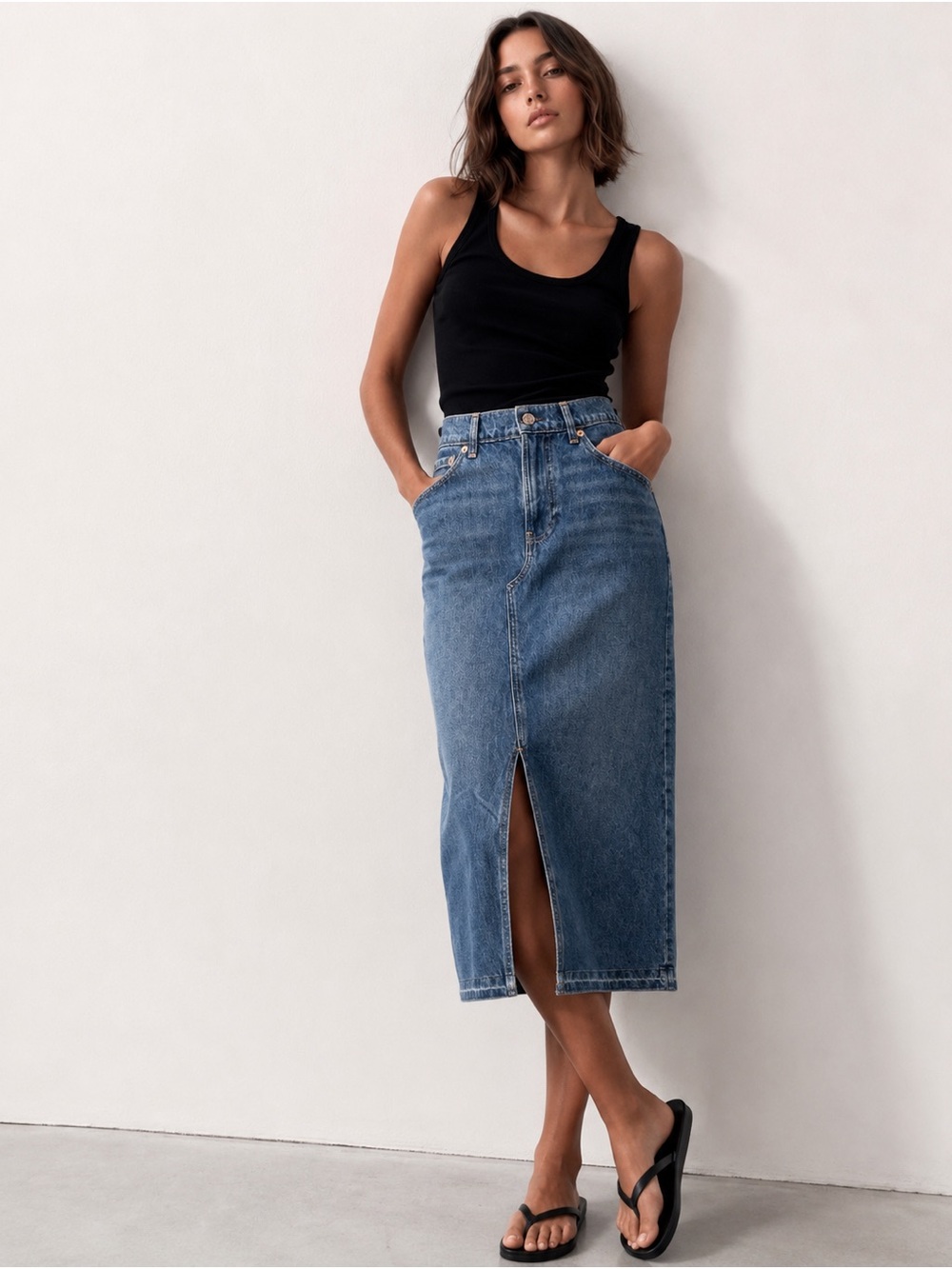 GAP Denim Midi Skirt in Classic Blue with Front Slit
